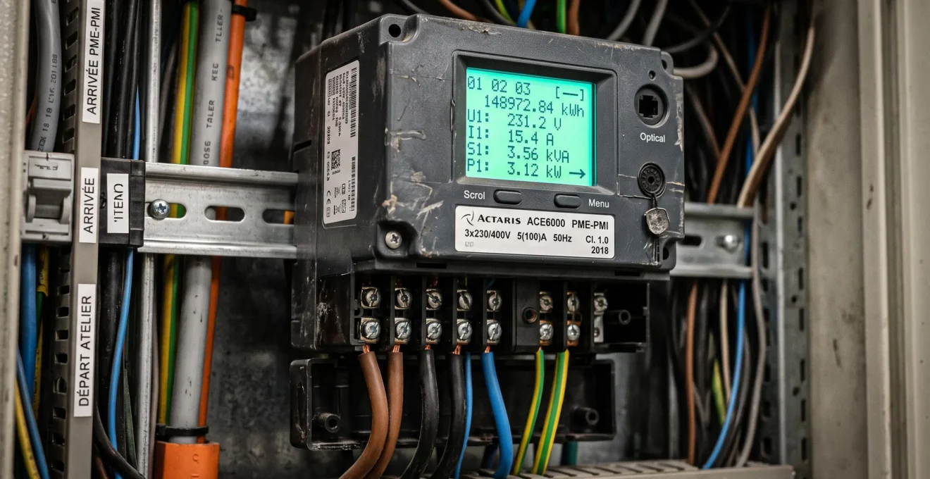 Gros plan sur l'affichage numérique d'un compteur électrique professionnel communicant avec données de mesure