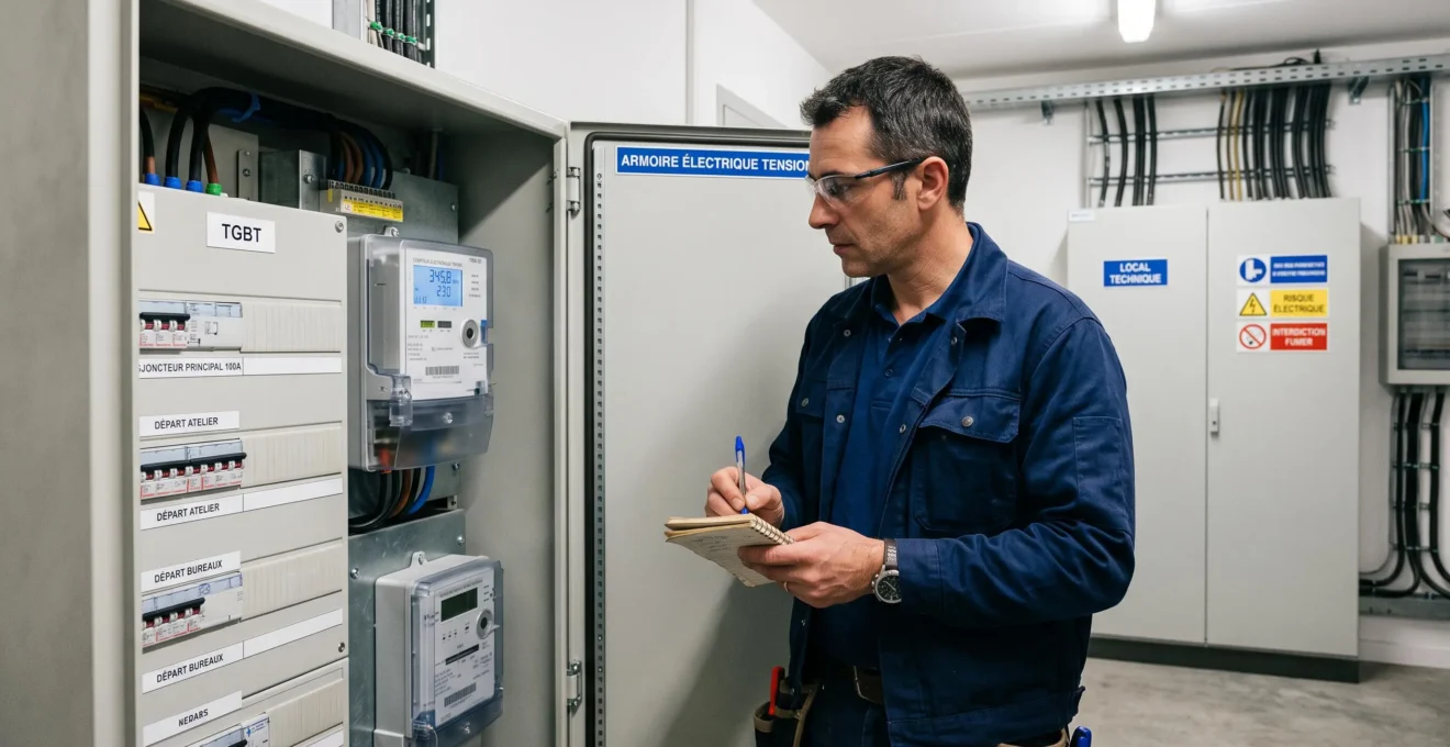Électricien professionnel inspectant un compteur électrique PME-PMI dans un local technique