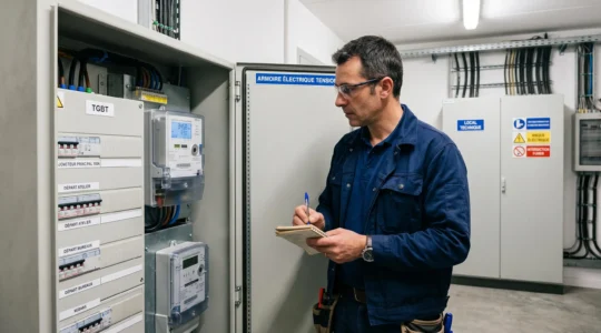 Électricien professionnel inspectant un compteur électrique PME-PMI dans un local technique