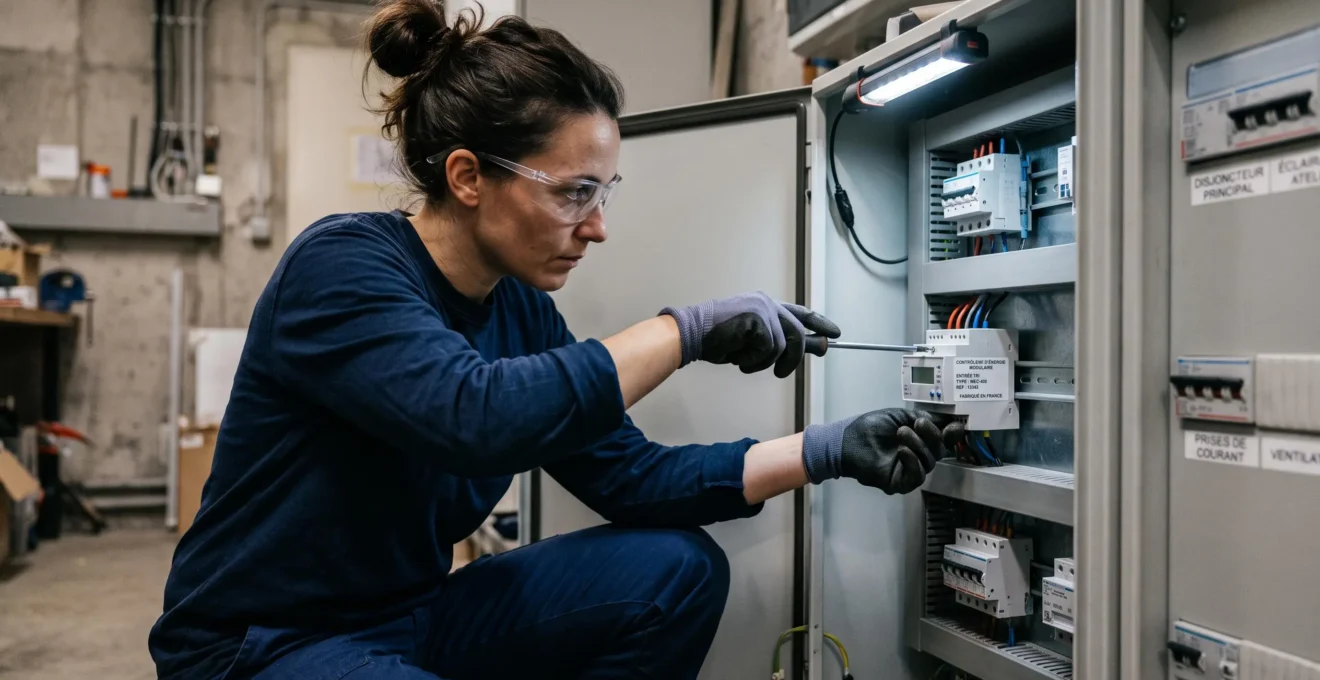 Électricien installant un système de monitoring énergétique dans le tableau électrique d'une PME