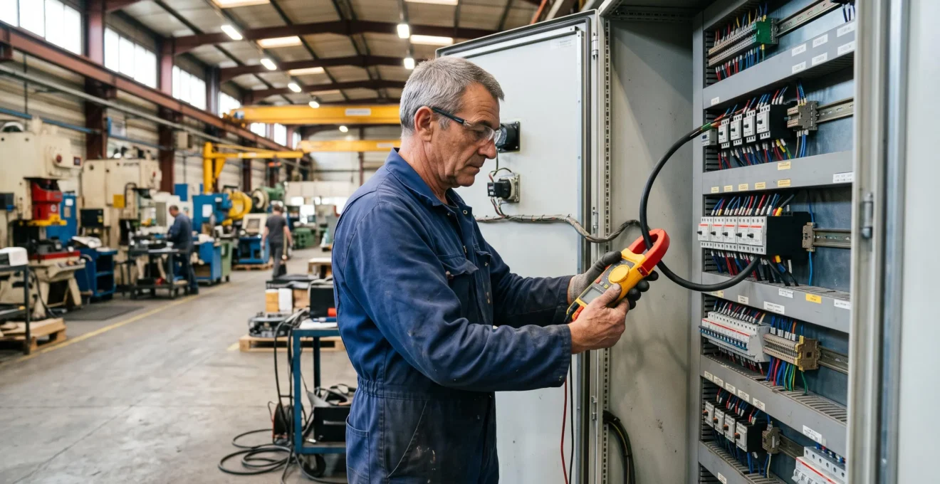 Technicien effectuant des mesures électriques avec un appareil de diagnostic sur une installation industrielle